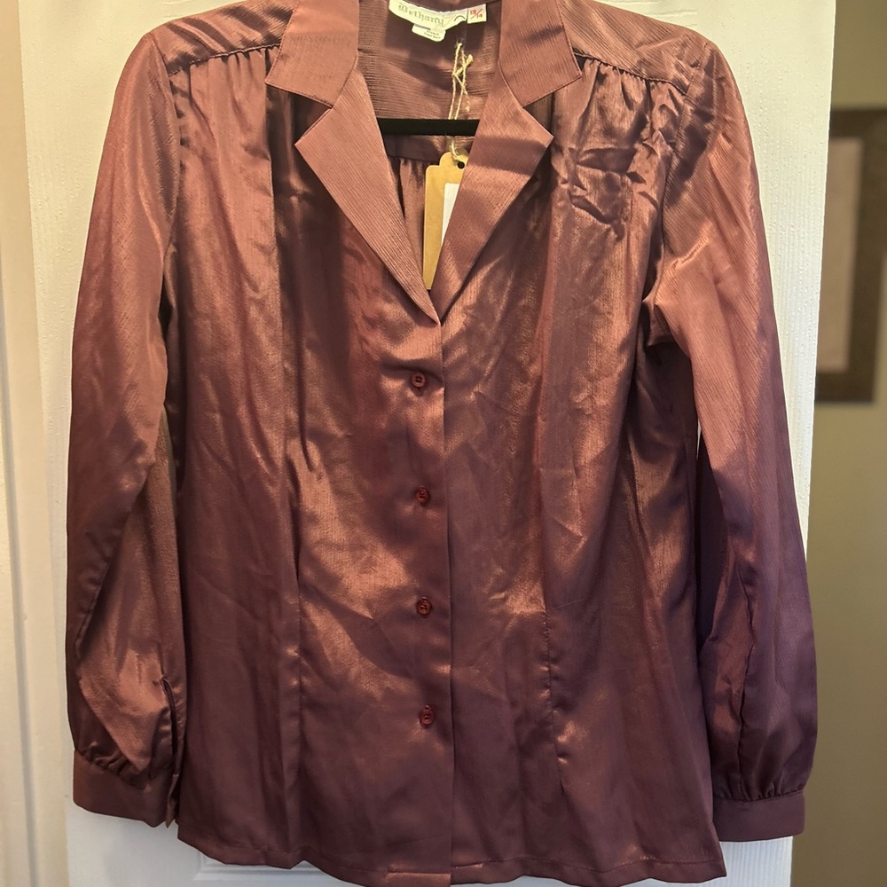 Vintage Bethany Satin Button-Up Blouse in Chocolate Brown | Size 13/14